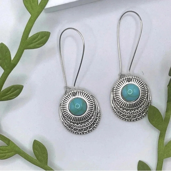 Turquoise Stone Silver Boho Dangle Earrings - Picture 2 of 3